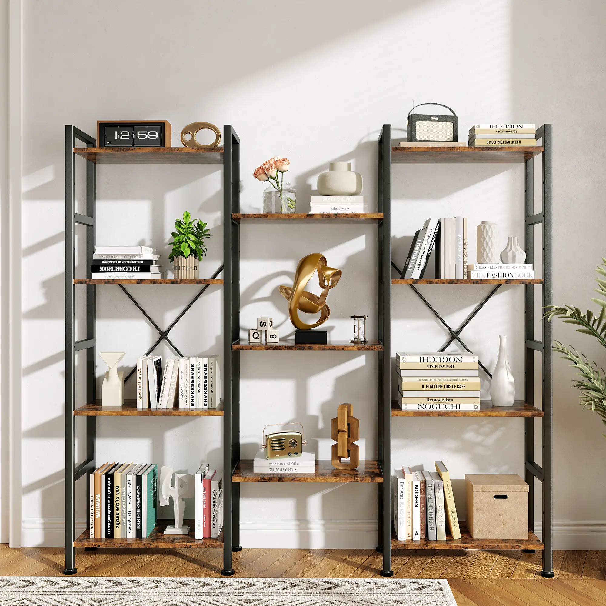 Industrial Look Expandable Wide Aesthetic Bookshelf - 3-Column 4-Tier Convertible Particle Board Unit with Adjustable Open Shelves for Living Room, Home Office Decor
