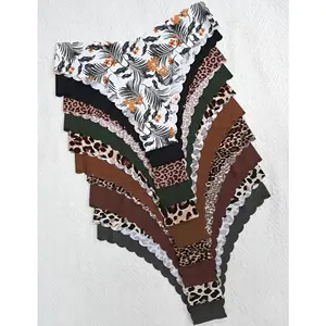Velquin Women's Seamless Wave Design Underwear Set,  Comfortable Breathable Antibacterial Panties, Fitted All Season Casual Style Thong Print Zebra Leopard various solid color