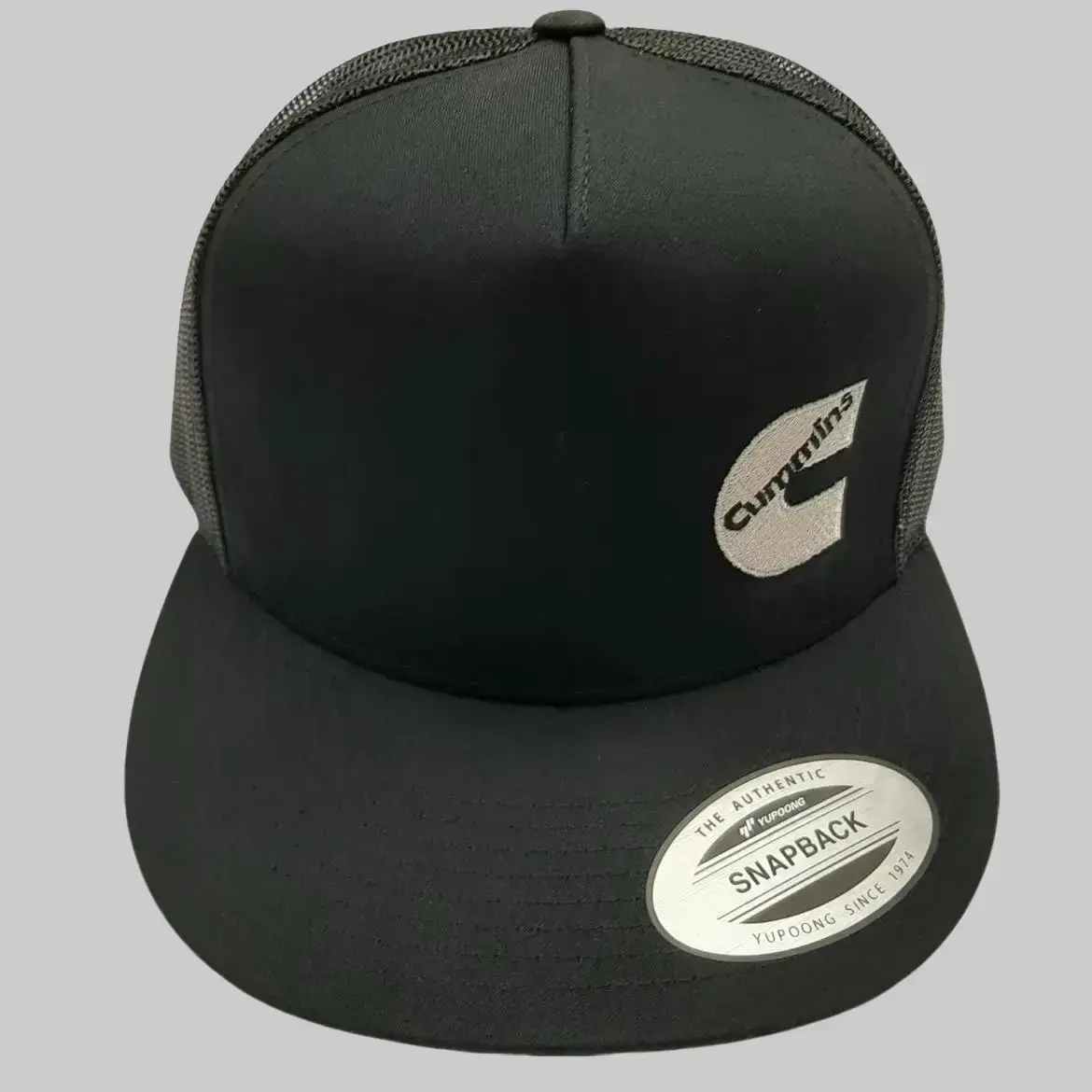 Mens Flat Bill Trucker Snapback Hat - Black Mesh, Embroidered Baseball Cap, Adjustable Strap, All Season, Casual-Ready Daily Cap, Durable for Daily Wear