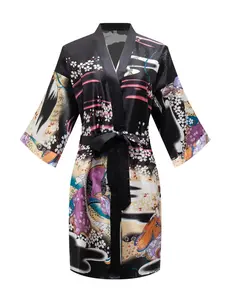 Women's Japanese Figure & Floral Print Belted Satin Kimono Robe, Casual Fit 3/4 Sleeve V Neck Dressing Gown, Ladies Loungewear Nightwear for All Seasons
