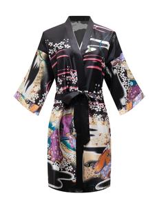 women's japanese figure & floral print belted satin kimono robe, casual fit 3/4 sleeve v neck dressing gown, ladies loungewear for all seasons