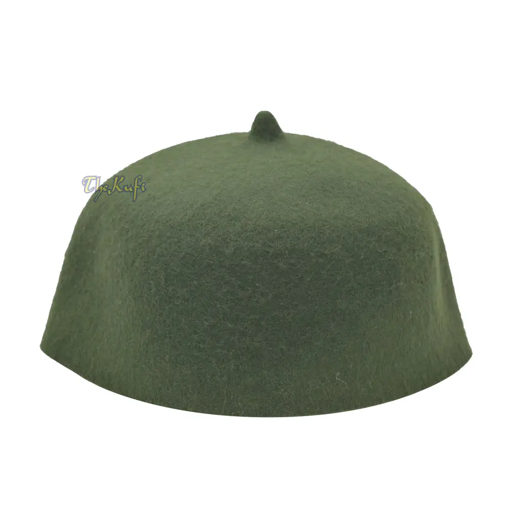 Dark Army Green Felt Wool Fez Hat with Tip