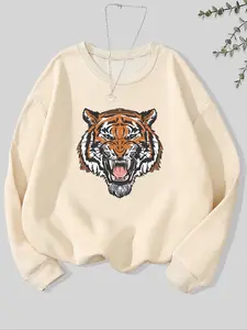Women's Tiger Print Round Neck Sweatshirt, Casual Long Sleeve Crew Neck Pullover for Fall & Winter, Women's Clothes for Daily Wear