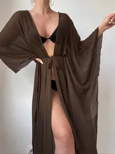 One-Piece Kimono Hoodie Deep Coffee Color Plain Loose Fit Casual Sun Protection Beachwear Swimwear Cover Up Swimsuit Cover Up, All Seasons Fashion
