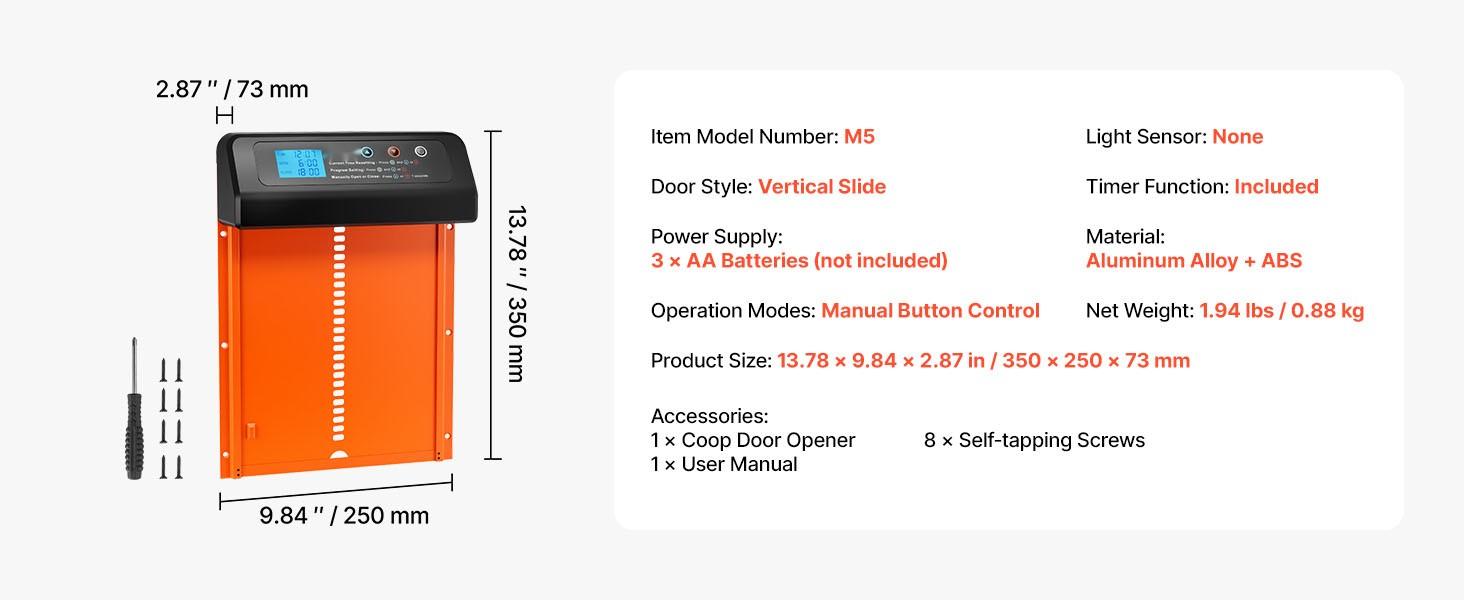 Automatic Chicken Coop Door System, Battery-Powered Door Opener with Timer and Manual Setting, Anti-Pinch Security, Durable Aluminum Alloy Construction, Weatherproof Sealing, Chick Run Gate, Orange