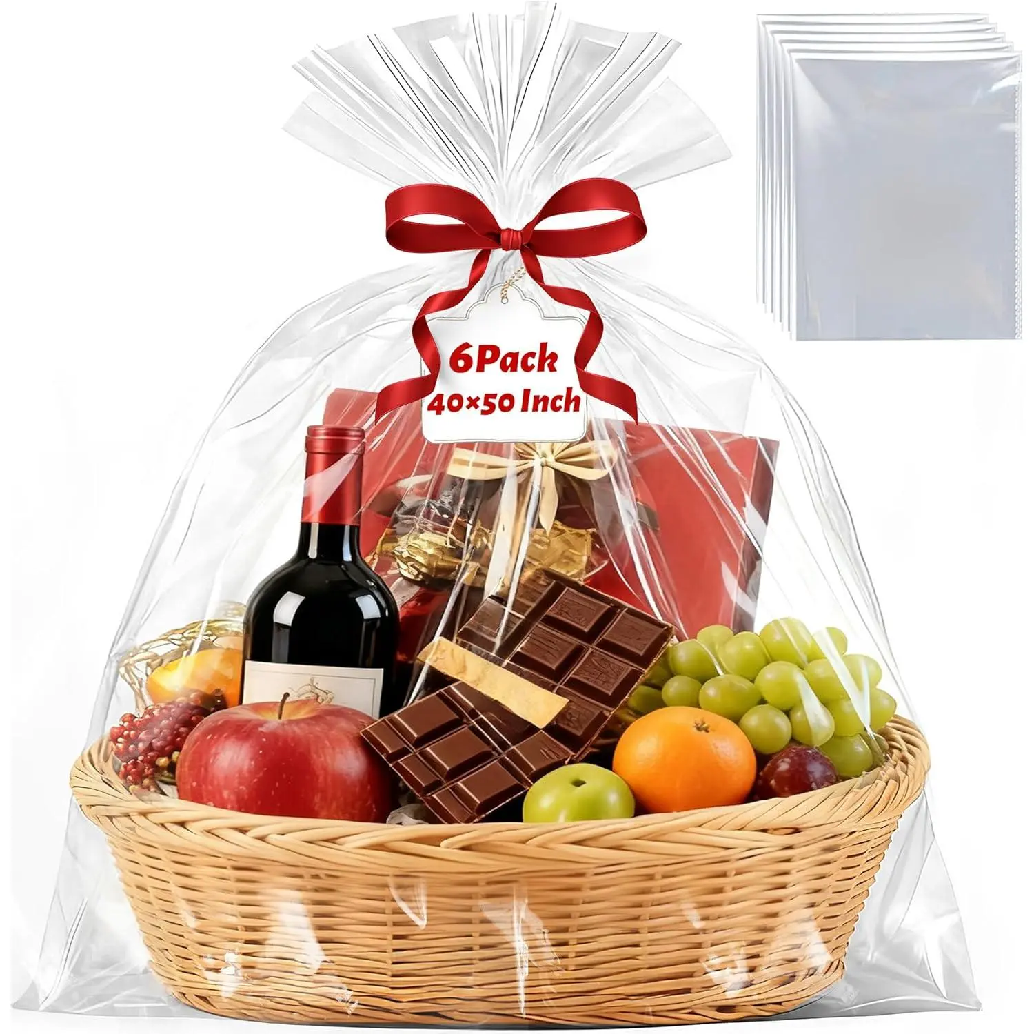6 Pack  Cellophane Bags for  Baskets 40 x 50 Inch - Clear Cellophane Wrap for Large Easter  Baskets, Holiday Parties, Weddings & Birthdays - 2.8 Mil Thick Clear  Bags