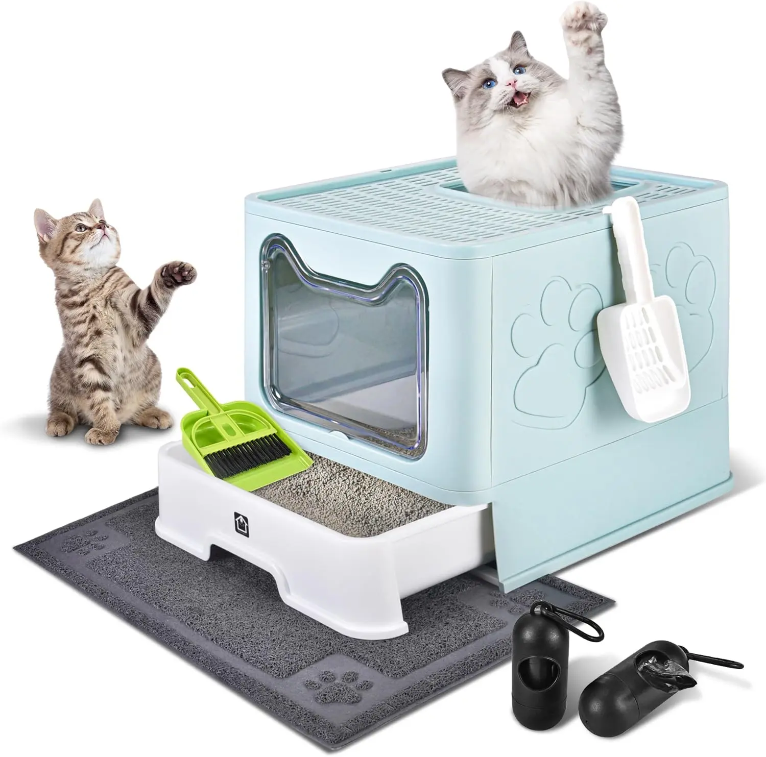 Covered Cat Litter Box with Litter Mat, Foldable Extra Large Dual Entry Adjustable Door, Drawer Design Enclosed Kitty Litter Box, Odor Control Anti-Splashing Easy Cleaning