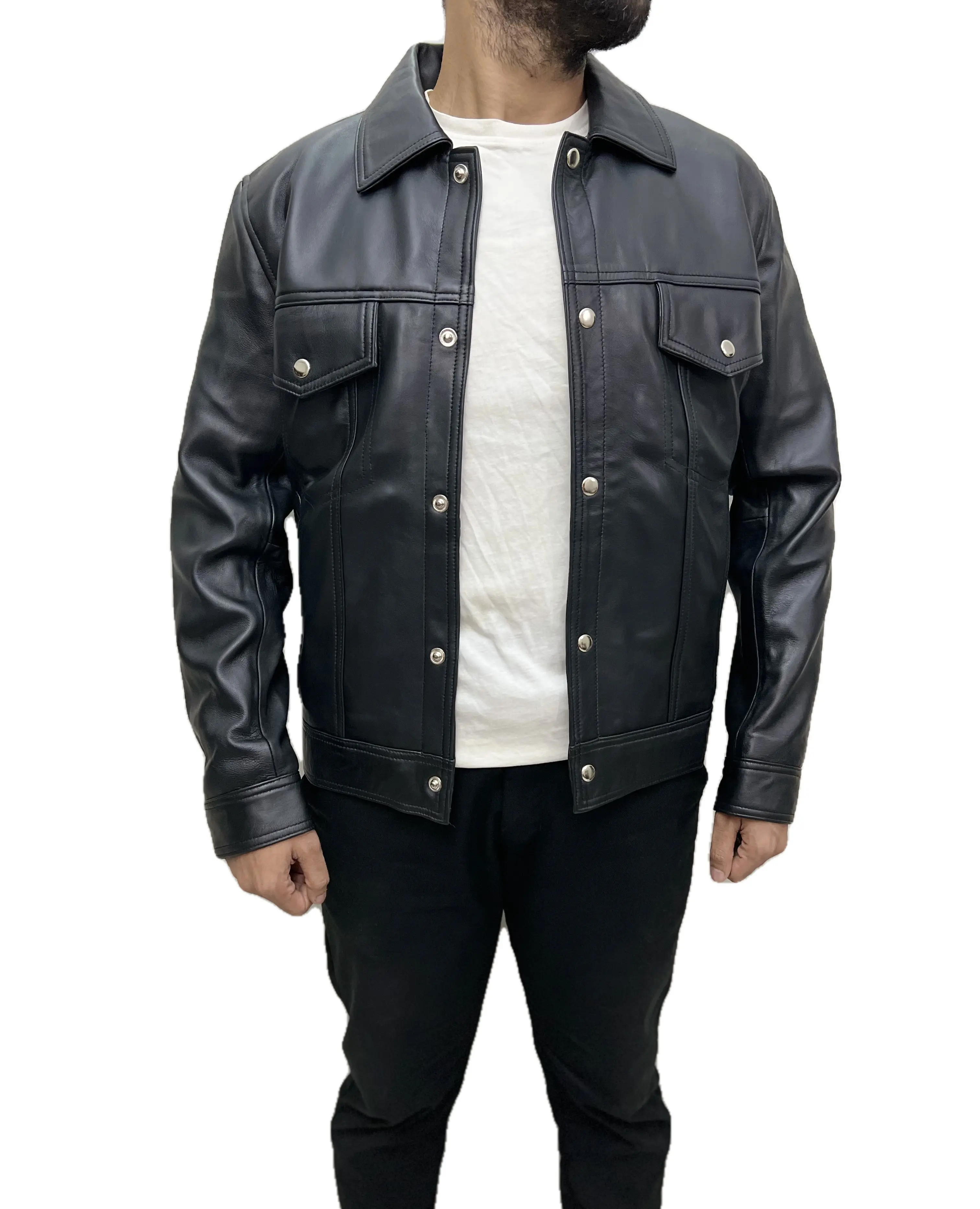 Men's Shadowline Classic Black Trucker Real Leather Jacket