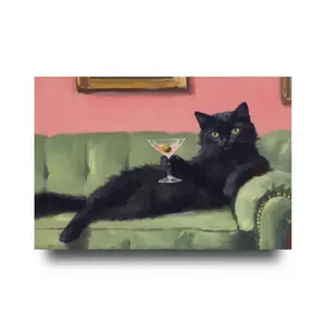 1pc, Wall Art, Vintage Poster, Art Print, Black Cat on Sofa Painting, Green Pink Cocktail Print, Living Room Decor Aesthetic, Room Decor, Artistic, Wall Art Decoration
