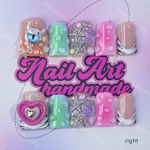Delicatething Y2K Style Duckbill Nail Set, Handmade Wearable Nails, Nail Art, 4 Sizes XS-S-M-L, Zebra Stripe, Star Design, Perfect Gift for Girls, Nail Kit Set