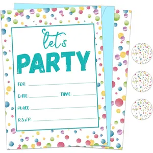 30 Pieces Confetti LET'S PARTY Watercolor Dot Birthday Invitation Set for Boys Girls Kids with Sticker Labels Envelopes Rainbow Polka Dot Party Supplies Decorations
