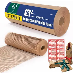 Honeycomb Packing Paper Roll 12" x 295 FT with Fragile Stickers- Biodegradable Cushioning Wrap for Moving, Shipping &  Wrapping -  Recyclable, FSC Certified  Packaging