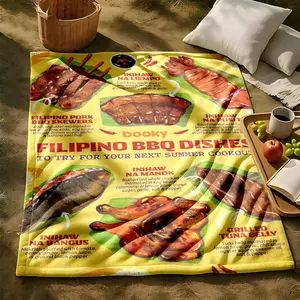 1 piece Recommended Filipino Barbecue Delicacies themed flannel blanket - Oversized comfortable flannel sofa blanket, suitable for beds and sofas, modern geometric pattern design, all-season use, digital printing, 100% polyester material, machine