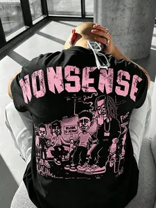 American Street Style Comic T-Shirt, Base with Vintage Letters, Retro Cartoon Graffiti Graphic Print, Perfect for Daily Wear