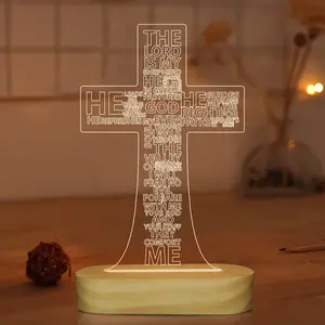 Jesus Cross 3D Night Light - Handmade Wooden LED Lamp, Warm White, Christian Gifts for Boys & Girls, Perfect Xmas, Birthday & Easter Gift