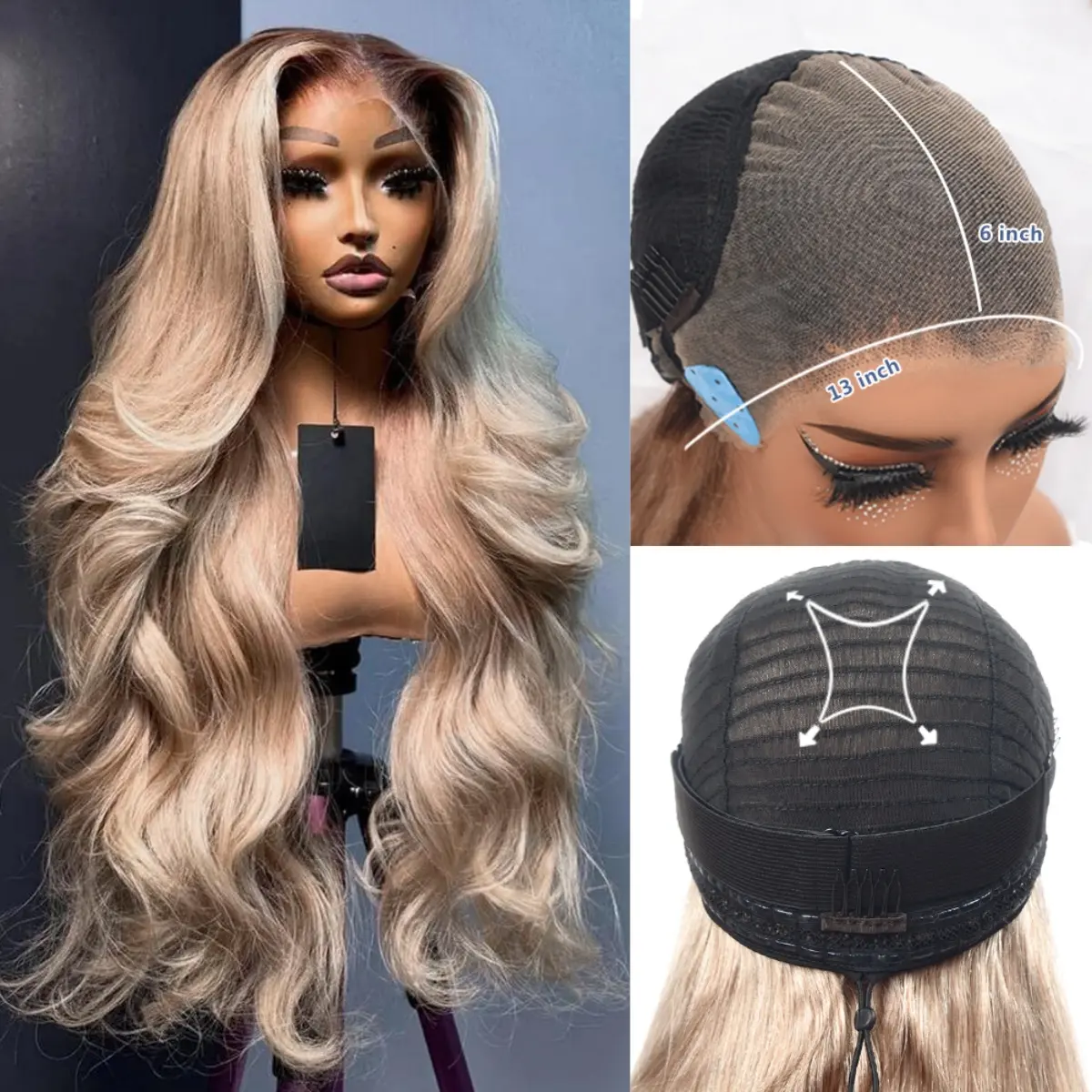13x6 Ombre Highlight Ash Blonde Lace Front Wigs Drawstring Wig Human Hair 13x6 Lace Front Wig Pre Plucked With Baby Hair 180% Density Glueless Ash Blonde Body Wave Lace Frontal Wigs For Women