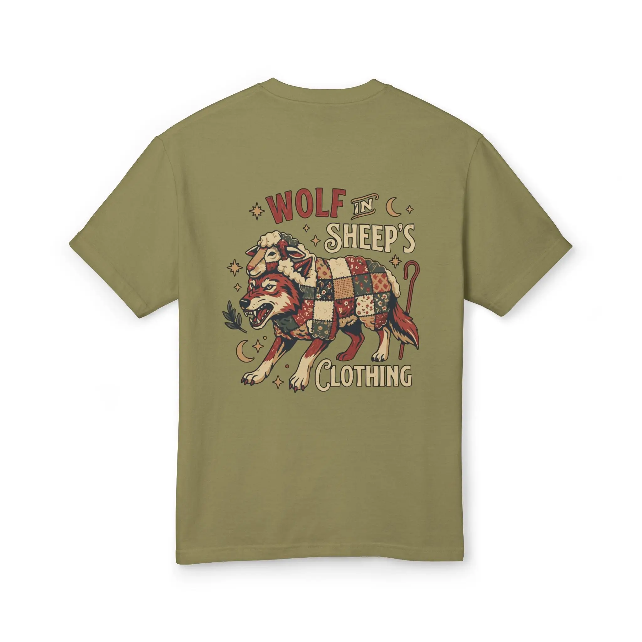 Wolf & Sheep Graphic Tee — Vintage Patchwork Wolf Back Print