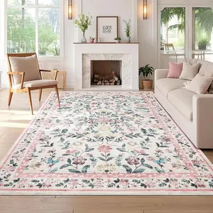 Washable Living Room Rug 8x10 Farmhouse Floral Accent Rug with Non-Slip Backing, Stain-Resistant Soft ，for Dining Room, Bedroom, Kids Room, Pink
