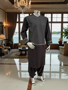 Men’s Dark Grey Parahan Tumban with White Embroidery – Afghan Traditional Outfit (Medium)