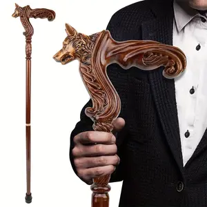 Fashionable Wolf Head Gentleman's Cane - Elegant Luxury Decorative Scepter, Premium Unisex Wooden Walking Stick for Role-Play, Vintage Couples & Gift, with Ergonomic Comfort Grip
