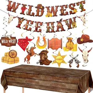 Western Cowboy Party Decorations Wild West Banner Brown Wood Tablecloth Western Hanging Swirl Decorations for Cowboy Birthday Party Supplies (4, Brown, Large)