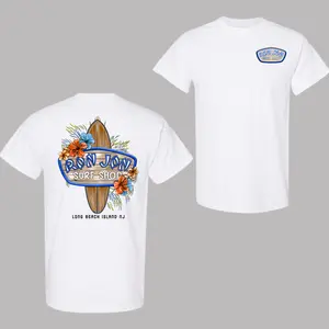 Ron Jon Surf T-Shirt, Tropical Surfboard Hibiscus Flowers Graphic Tee, Long Beach Island NJ Beach Shirt for Men, Summer Casual Surfs Up Outfit for Beach Lovers