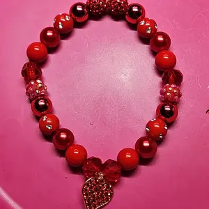 Red Beaded Bracelet with Heart Charm and Sparkling Accents for Women's Fashion