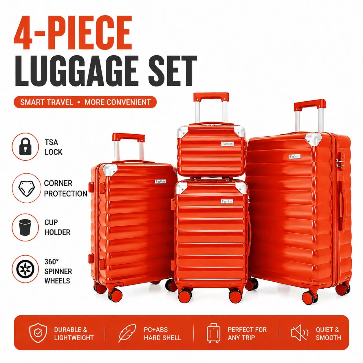 Modern 4-Piece Hardshell Luggage Set - 4-Wheels 360-Rotation, Quiet Smooth Roll, TSA Approved Lock, Built-In Organizer, Cup Holder, Durable & Lightweight, Carry-On Compatible Baggage Solution for Spring Break, Weekend Getaway