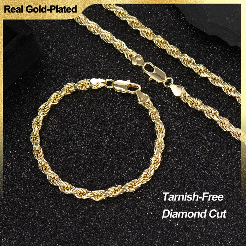 Holylegend 14K Gold-Plated Rope, Cuban, Figaro Set, 24" Length, Necklaces & Bracelet,Cuban link chain,Father's Day Gift