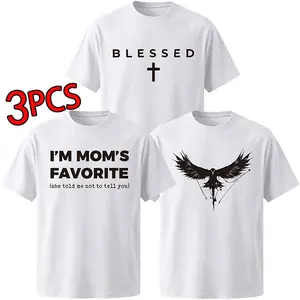 Set of 3 men’s printed T-shirts, American short-sleeve T-shirts, beautifully patterned T-shirts, fun graphic T-shirts, unisex printed short-sleeve T-shirts, suitable for holiday parties, matching short-sleeve T-shirt sets for couples.