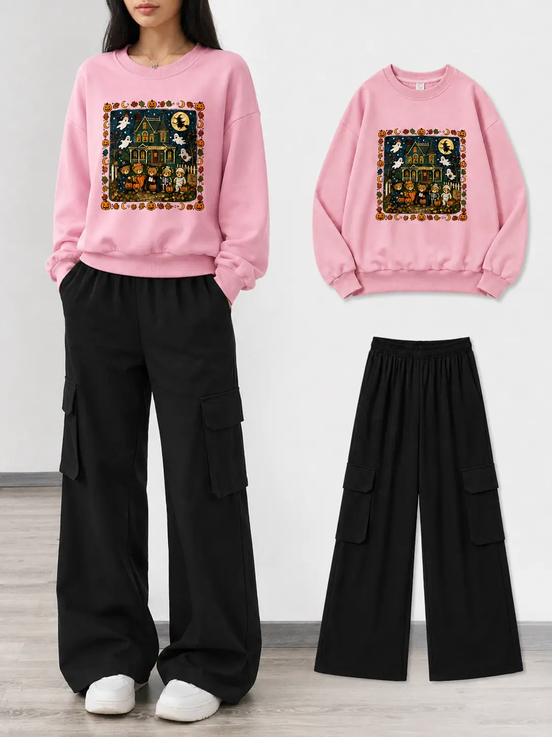 Girls'  2-Piece Halloween Outfit Set - Cute Graphic Sweatshirt & Black Wide-Leg Cargo Pants, Fall Casual Clothes for Tween & Teen Girls Ages 6-16