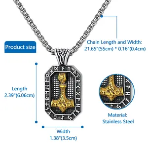 OIDEA Men's Viking Thor Hammer Dog Tag Pendant Necklace, Stainless Steel Norse Mythology Amulet, Chain Jewelry Necklaces