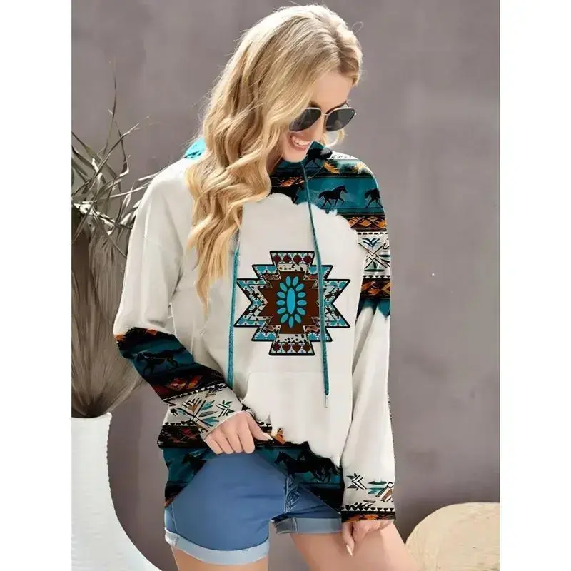 Women's Western Ethnic Style Print Aztec Hoodie Pullover Cowgirl Rhombus Printed Hooded Sweatshirt Women's Western Ethnic Style Print Aztec Hoodie Pullover Cowgirl Rhombus Printed Hooded Sweatshirt