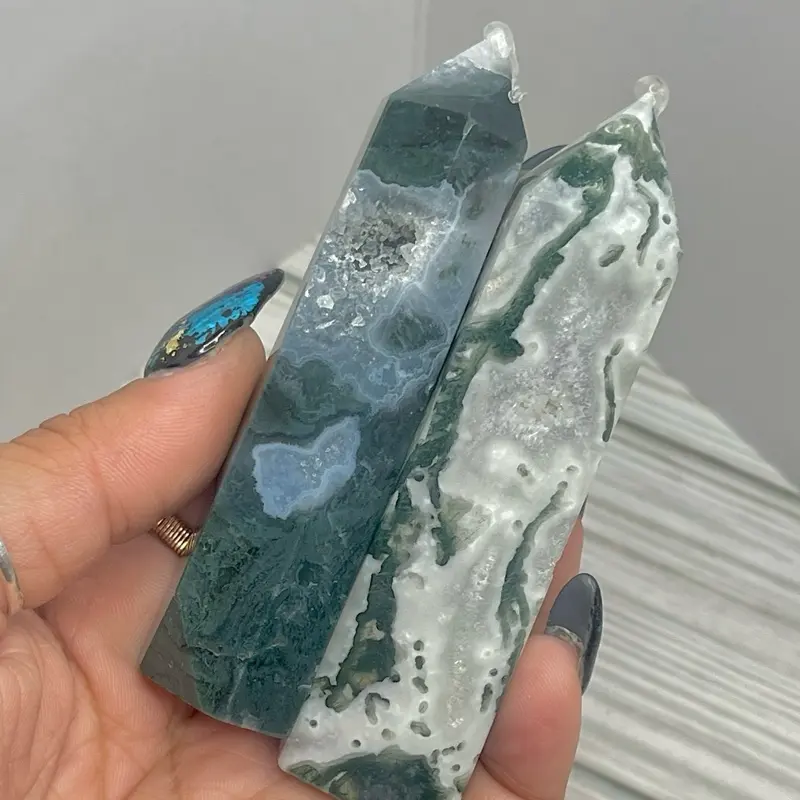 Rare Nature Quartz Moss Agate Druzy Towers - Healing Gemstone Carvings for New Beginnings, Personal Growth, Lucky Charm for Gemini, Heart-Centered Inner Peace