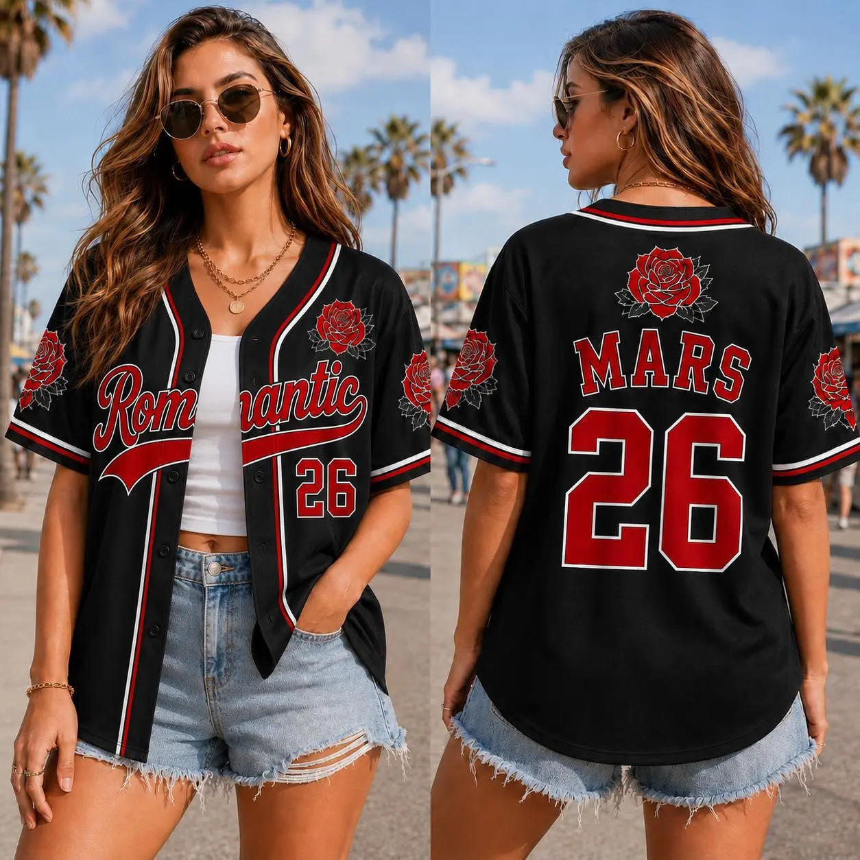Romantic Red Rose Baseball Jersey, Custom Mars 26 Black Concert Fan Shirt, Music Festival Button-Down Outfit