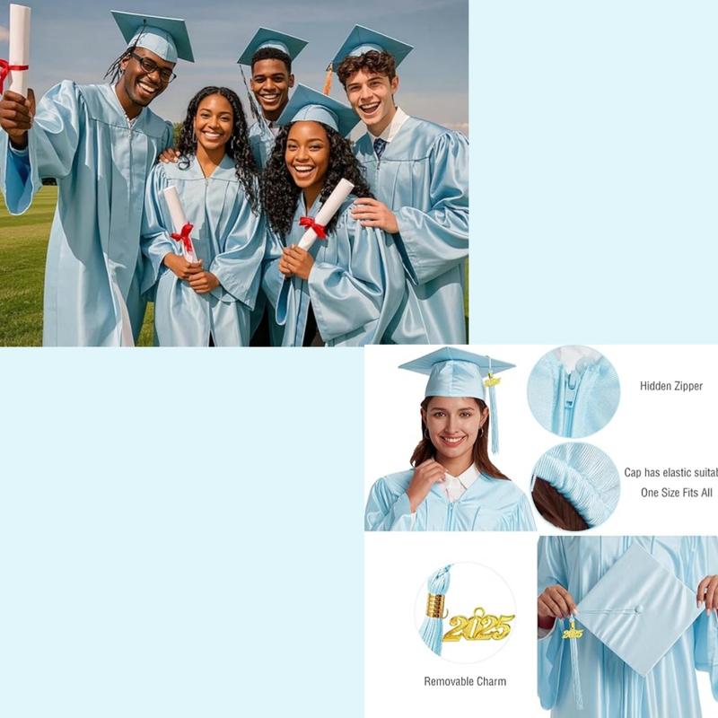 Shiny Sky Blue Adult Grad Cap, Gown & Tassel Set – For High School & Bachelor Graduates | Ideal for Graduation Day