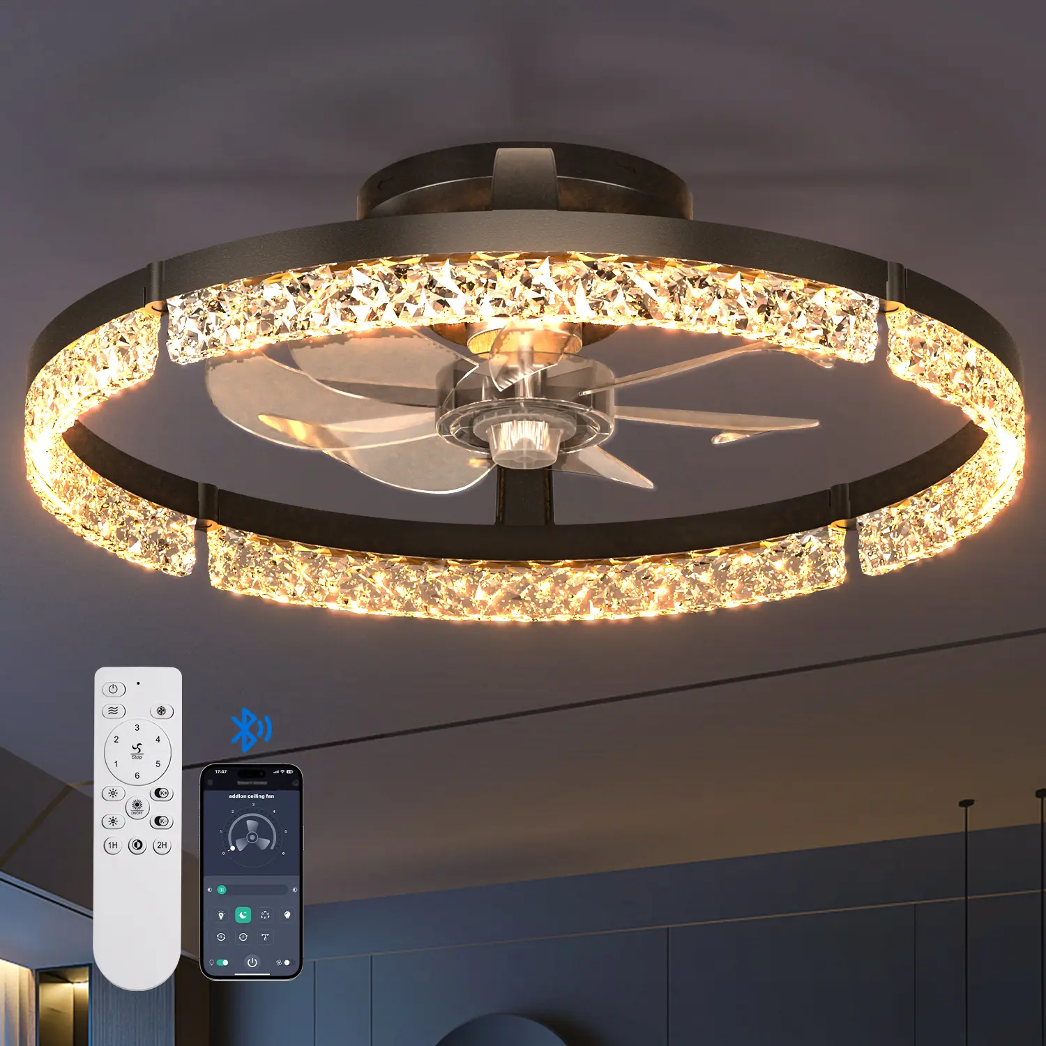 20Inch Modern LED Ceiling Fan With Adjustable Light (3000K-6000K) | Embedded Installation, Reversible Airflow for Enhanced Circulation - Ideal for Office, Study, Bedroom, and Indoor Spaces