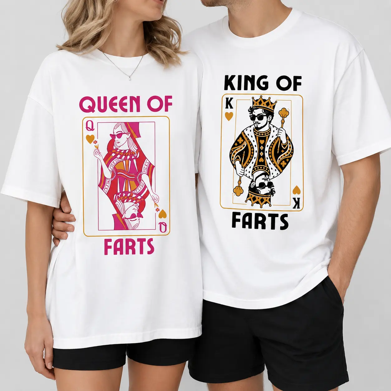 Matching Couple T-Shirts with Funny King & Queen of Farts Playing Cards Graphic, Loose-Fit Crew Neck Casual Top for All Seasons, Tshirt, Humorous, Machine Washable, Fashion, Streetwear, Shortsleeve, Menswear, Round Neck, Festive, Clothes, Cute, Cotton Fab