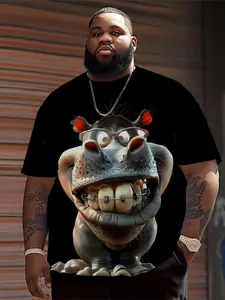 Men's Large Size Fun Hippo Print Round Neck Casual T-Shirt, Soft Breathable Fabric, All-Season Comfort, Fashion New Trend Top