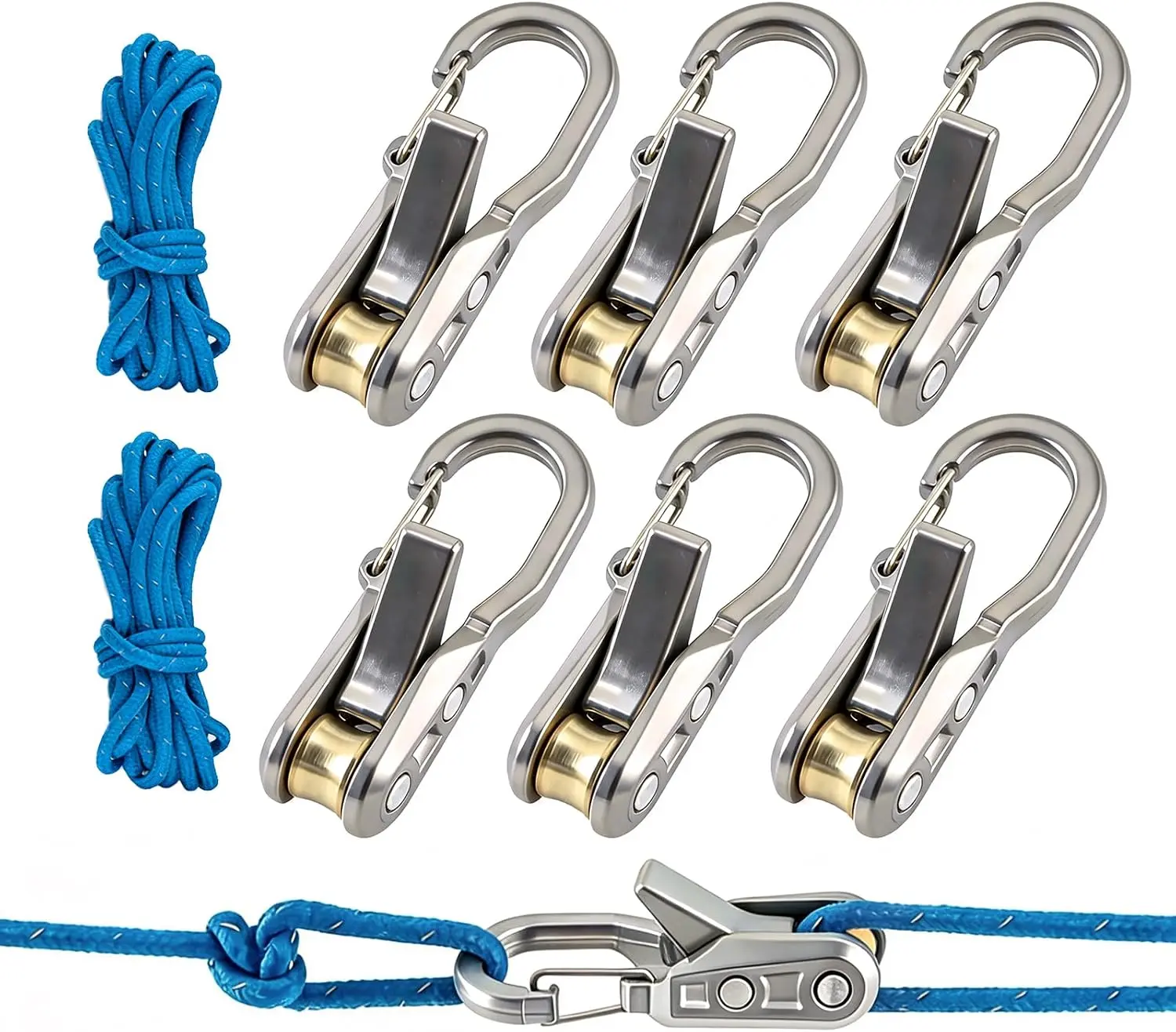 6 Pack Metal Rope Adjusters, Rustproof Heavy Duty Guyline Tensioners with 9FT Reflective Braided Cords for Camping Tent, Tarp, RV Awning & Boat Cover