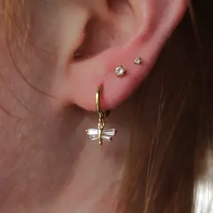 18K Gold Plated Cubic Zirconia Dragonfly Small Charm Drop Hoop Earrings