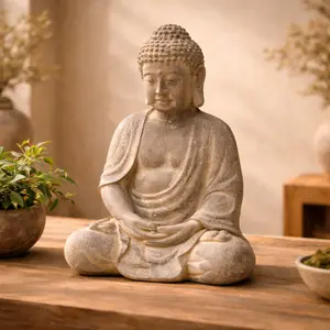 Buddha Ceramic Meditating Decorative Sculpture with Engraved Carvings and Relief Detailing