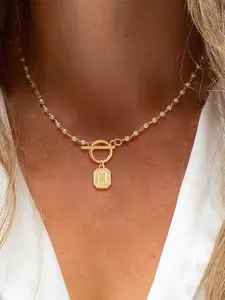 Women's Elegant Pave Zirconia Block Initial Pendant Bead Chain Necklace, Classic Ot Clasp Design, Perfect Gift for Her, Initials Necklace, Letter Necklace, Alphabet Necklaces, Daily Wear Necklace, Dainty Necklace