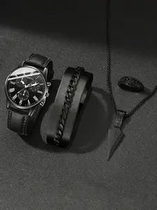 Men's Sport Style Scale Pattern Round Quartz Watch Set, PU Leather Strap, Analog Dial, Casual Wear, Party Gift, Casual Wristwatch Set