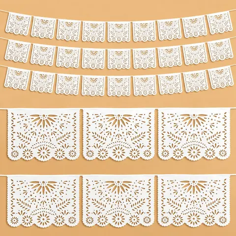 PVC Plastic Geometric Pre-Stringed Papel Picado Banner Ornaments - 3 Packs (19.7ft Each, 59ft Total, 15.7x11.8in Flags), Durable Fade-Resistant Rain-Ready Hispanic Decor for Cinco de Mayo, Anniversary, Indoor-Outdoor Home Festive Backdrops, 15.7×11.8" Fla