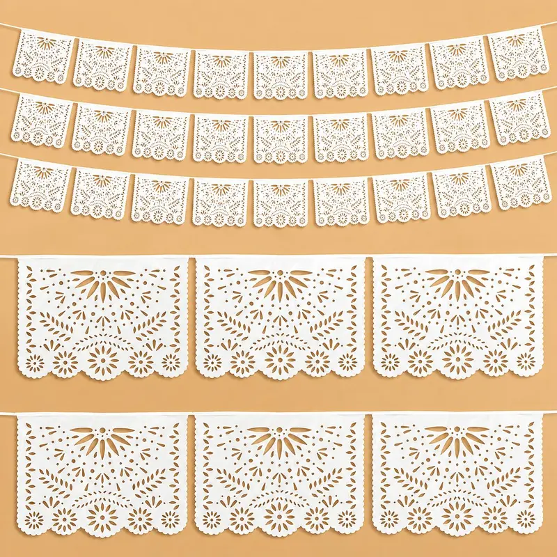 PVC Plastic Geometric Pre-Stringed Papel Picado Banner Ornaments - 3 Packs (19.7ft Each, 59ft Total, 15.7x11.8in Flags), Durable Fade-Resistant Rain-Ready Hispanic Decor for Cinco de Mayo, Anniversary, Indoor-Outdoor Home Festive Backdrops, 15.7×11.8" Fla
