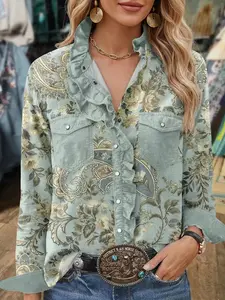 Chic Petal Vintage Inspired Floral Paisley Blouse Ruffle Placket Chest Pocket Casual Western Top Soft Light Blue Base Golden Patterns - Shirts