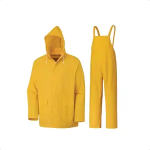 Waterproof PVC Work Suit for Men – Repel Rain Gear Yellow Safety Jacket and Bib Pants - 3 PC Set With Detachable Hood - X-Large
