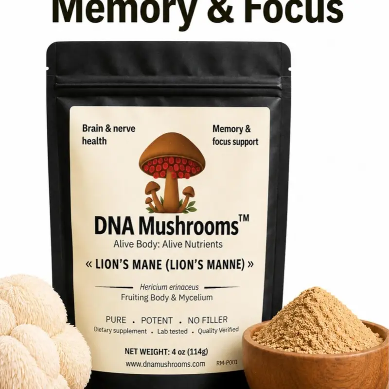 Organic Lion's Mane Mushroom Powder Herbal Supplement - 4oz Mycelium+Fruiting Alternative Brain Daily Supplement, Vegan 1 tsp Daily Mix for Adult Cognitive Health, Nerve Care