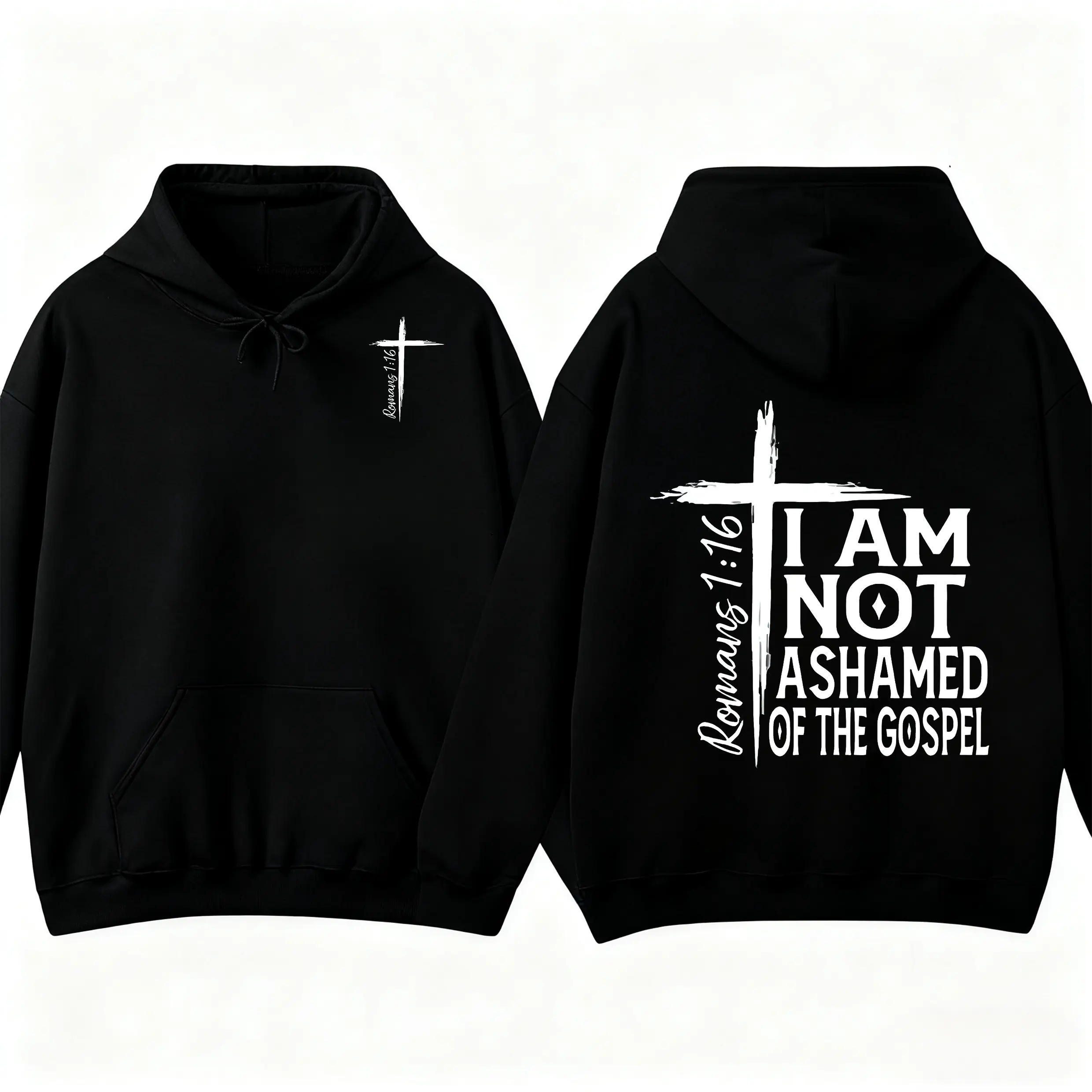 Christian Graphic Pullover Hoodie with Romans 1:16 Bible Verse, Unisex Long Sleeve Everyday Sweatshirt, Spiritual Worship Gift, Fitted